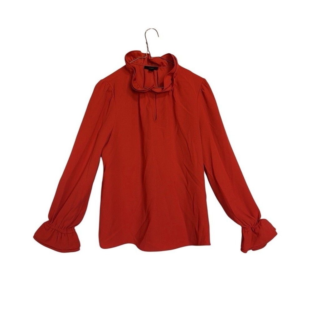 J.Crew Womens Red Ruffle Neck Long Sleeve Blouse Top Medium Smocked Cuffs Solid‎